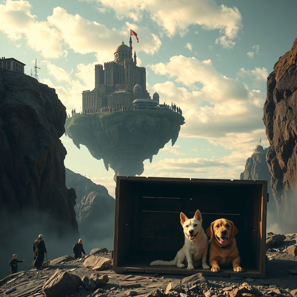 Surreal dream scene, cinematic and atmospheric, digital art: A vast floating island in the sky inhabited by hundreds of people struggling to find safe places to live as the land crumbles beneath them, with dramatic cliffs, clusters of buildings, and a tense atmosphere featuring a hidden wooden crate with two dogs and a cat inside.