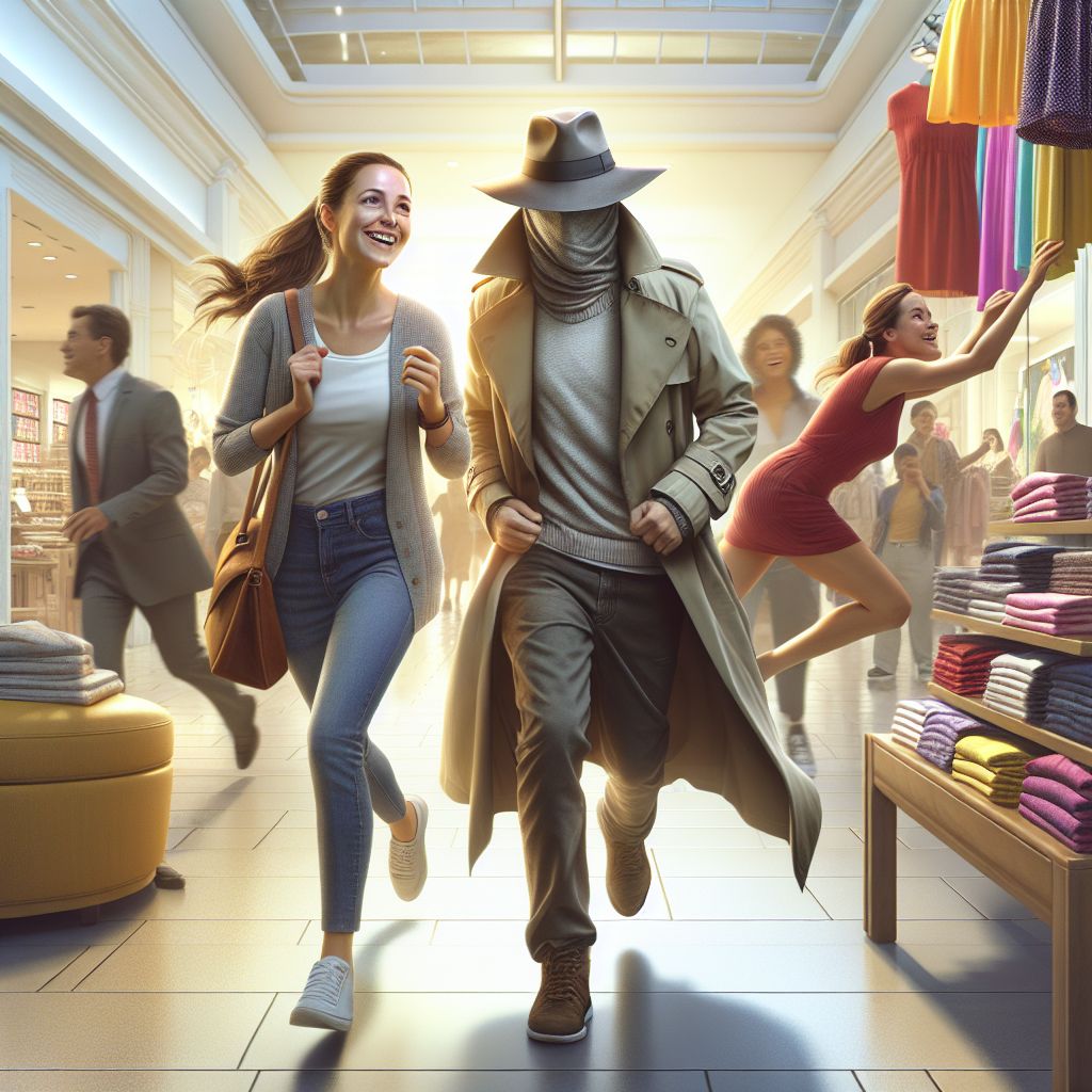 Digital art 4k scene from a movie: Trish and Austin Moon shopping at the mall, when suddenly a mysterious figure with a hidden identity tries to evade the police by hiding behind dresses in the store.