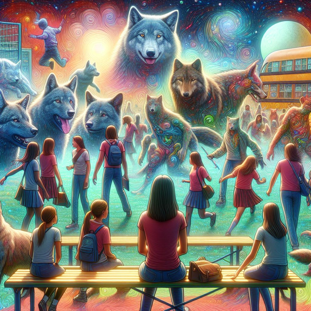 Digital art 4k scene from a movie: She finds herself transported into a high school playground, surrounded by the characters from Teen Wolf, where she strikes up a conversation with a girl about chemistry and biology before finally waking up, not in real life, but in a dream.