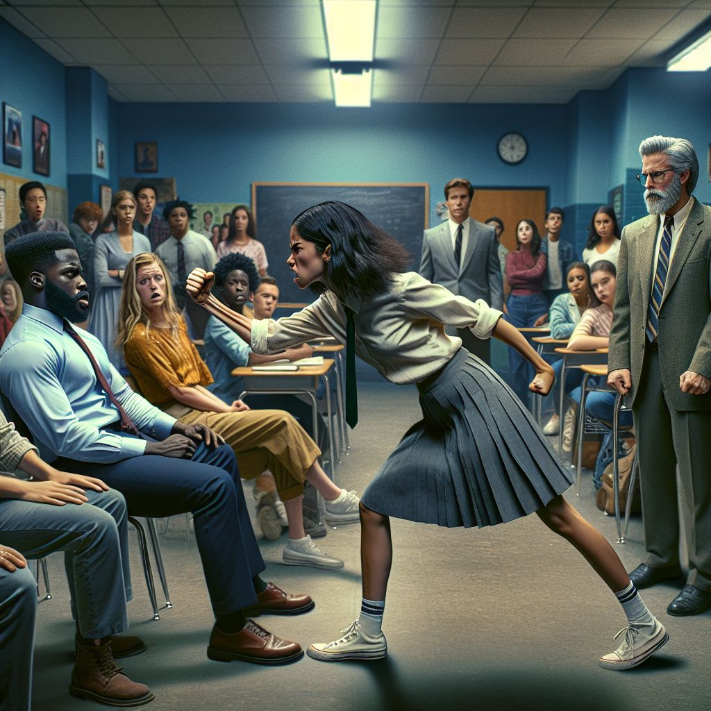 Digital art 4k scene from a movie: Defending a classmate from an abusive teacher, a student delivers a powerful punch that leaves the room stunned and earns them praise from passersby.