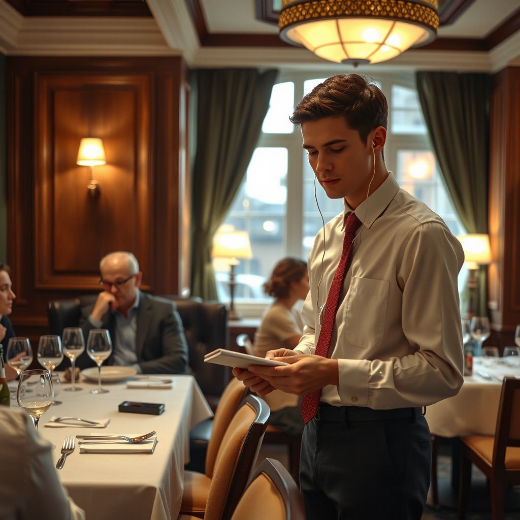 Surreal dream scene, cinematic and atmospheric, digital art: A young waiter in a crisp white button-up shirt and tie nervously takes orders at a busy Greek-Italian restaurant, juggling earbuds and a notepad while an eight-person table asks slow, confusing questions in a warmly lit, elegant dining room.