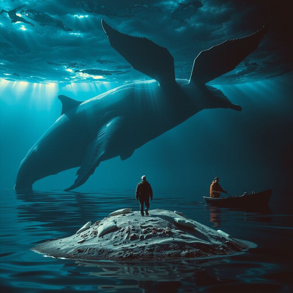 Surreal dream scene, cinematic and atmospheric, digital art: A person on a small sandy island shelter made of sand and pillows, following a man in a boat into the dark ocean where massive whales emerge to eat krill, with deep, shadowy water reflecting the whales' silhouettes under a windy night sky.