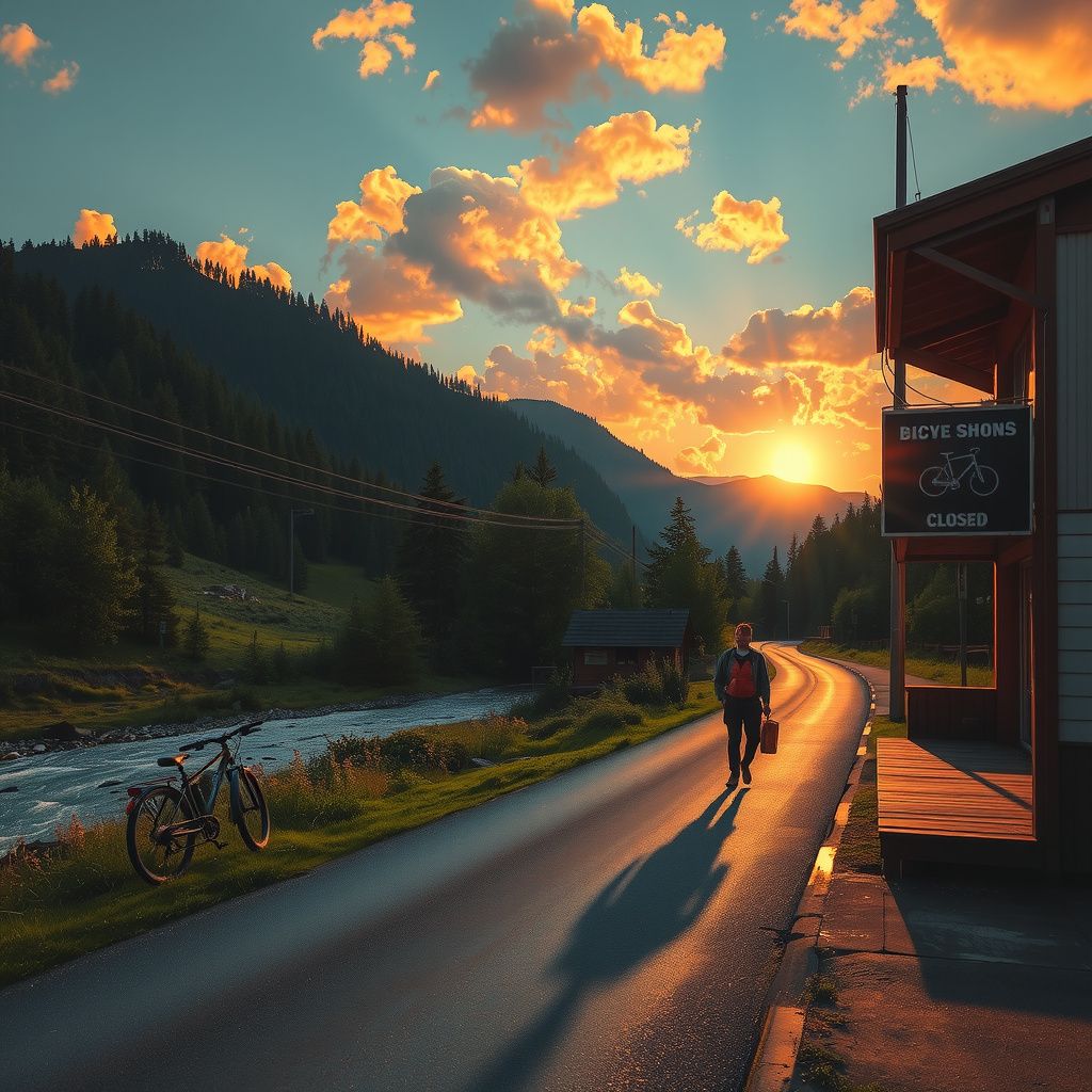 Surreal dream scene, cinematic and atmospheric, digital art: A serene valley town with a river flowing alongside a main road, where a person waits near a closed bicycle shop at sunset before walking along a scenic trail surrounded by lush greenery and distant hills.