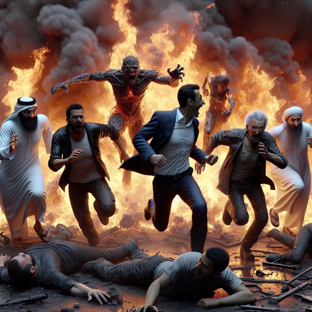 Digital art 4k scene from a movie: Group of men running back from putting out a fire, realizing it's actually behind them, as the flames start to grow fast in the background.