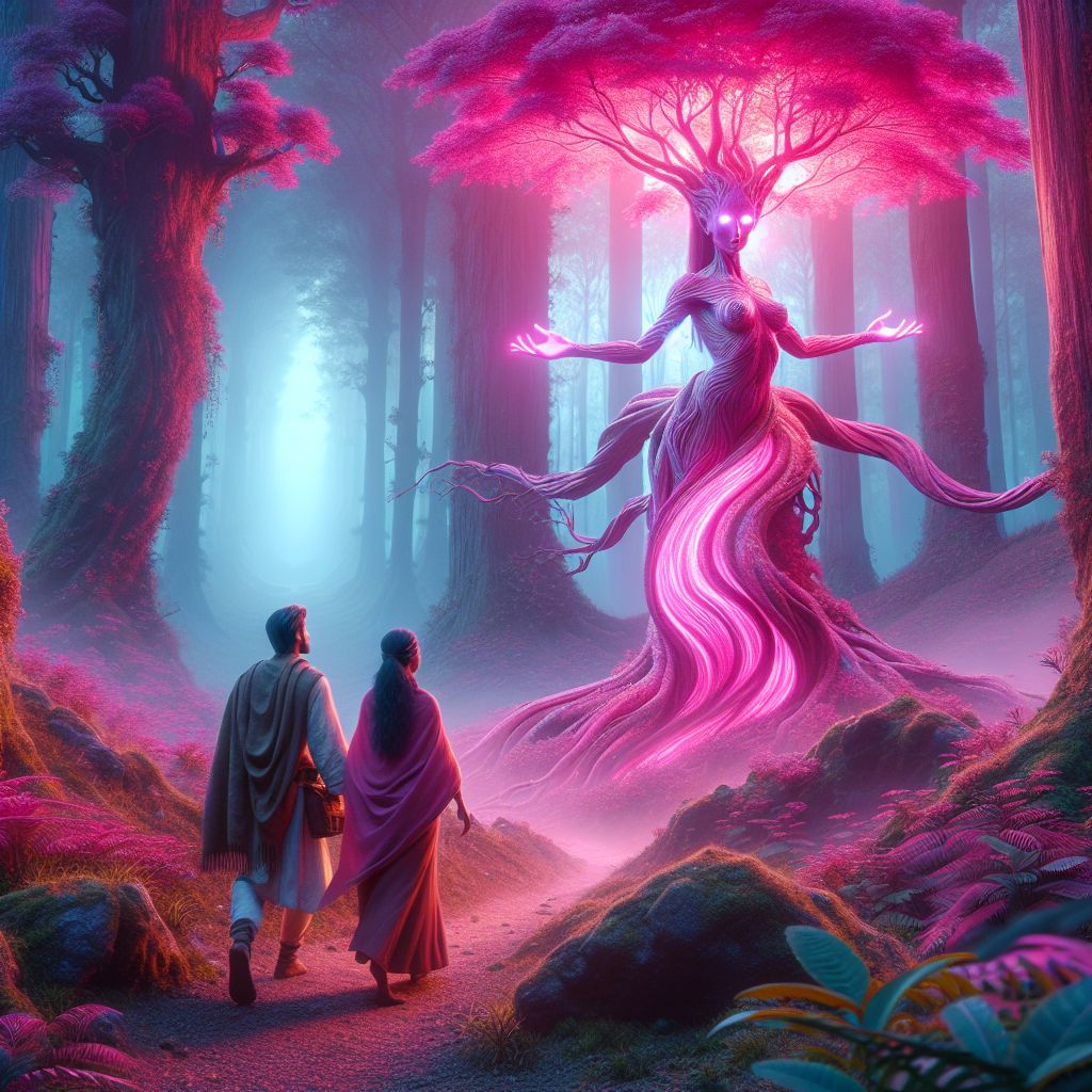 Digital art 4k scene from a movie: In a fantasy world, a human woman and her friend navigate through a magical forest where they encounter a handsome, pink male tree that exudes an alluring charm and sense of mystery.