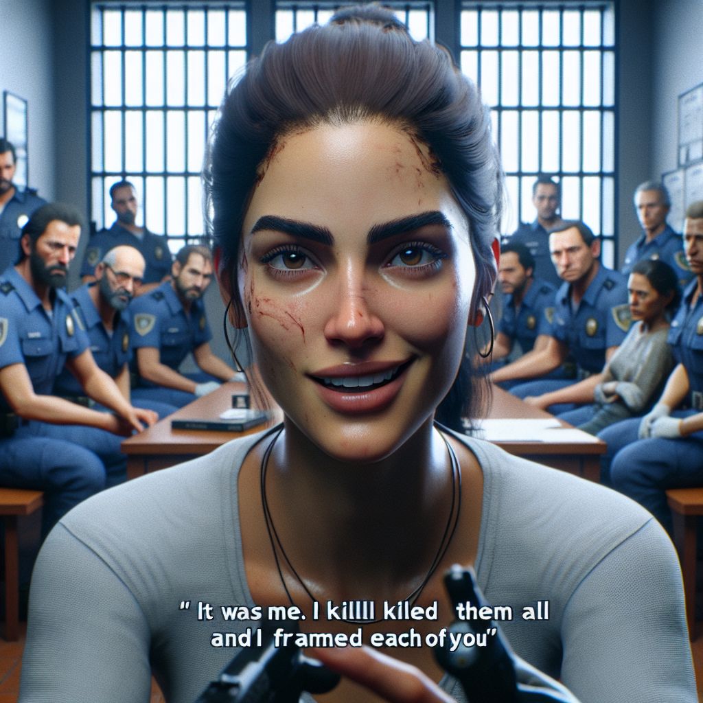 Digital art 4k scene from a movie: In the police station, Amanda confesses with a smile 'It was me. I killed them all and framed each of you', leaving the accused with a devastating realization.