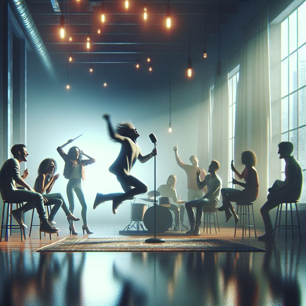 Surreal dream scene, cinematic and atmospheric, digital art: A vibrant scene of a talented singer dancing and singing on stage surrounded by the members of a popular K-pop group ATEEZ, with expressive faces showing admiration and laughter in a cozy, modern rehearsal studio.