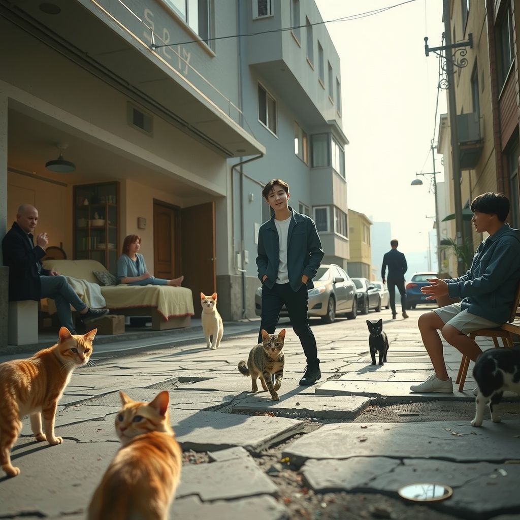 Surreal dream scene, cinematic and atmospheric, digital art: A lively scene showing a group of five people meeting SHINee's Key and BTS' Suga indoors, while outside a young person lovingly chases a playful cat on a cracked street surrounded by other curious cats, with a warm and energetic atmosphere.