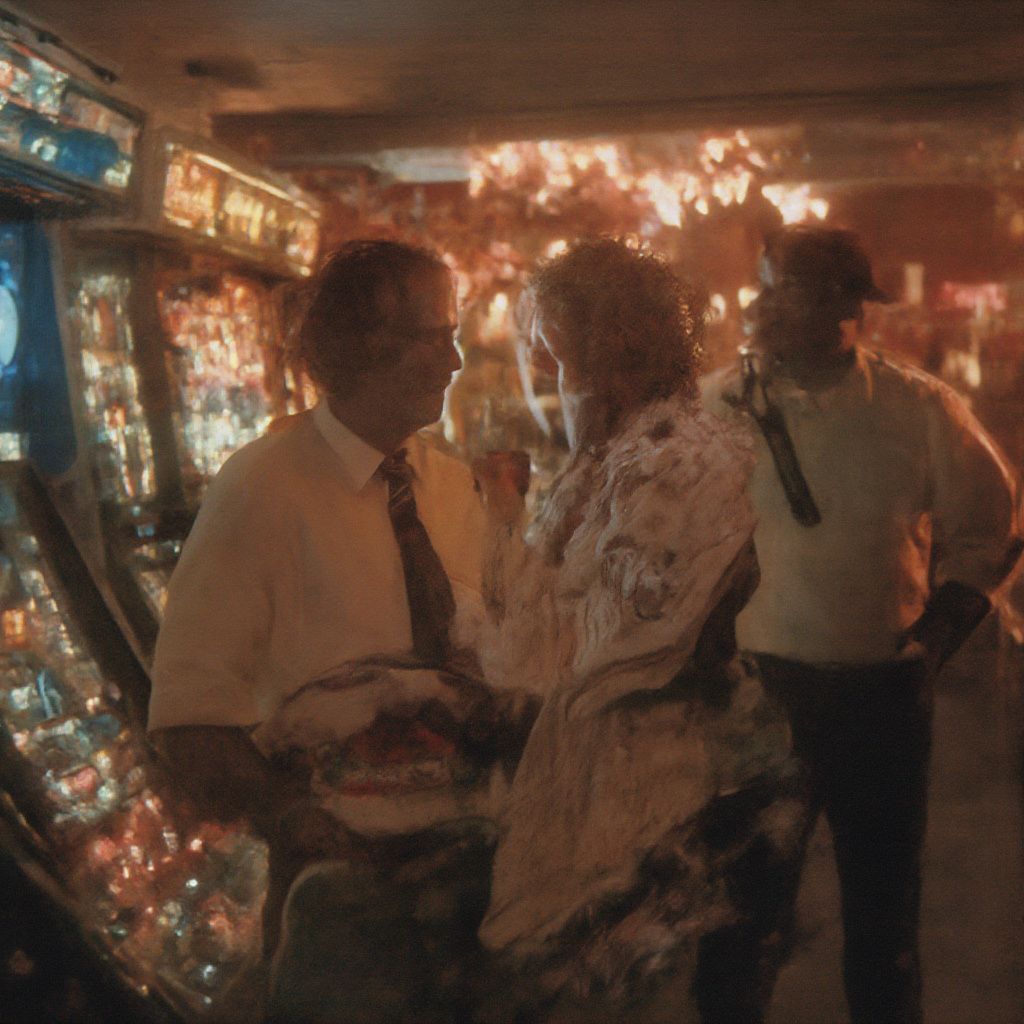 Surreal dream scene, cinematic and atmospheric, digital art: A cheerful coworker celebrating a jackpot win at a lively arcade, guarded by a security officer, while the narrator contemplates taking an extended trip from coast to coast across the scenic landscapes of Greenland.