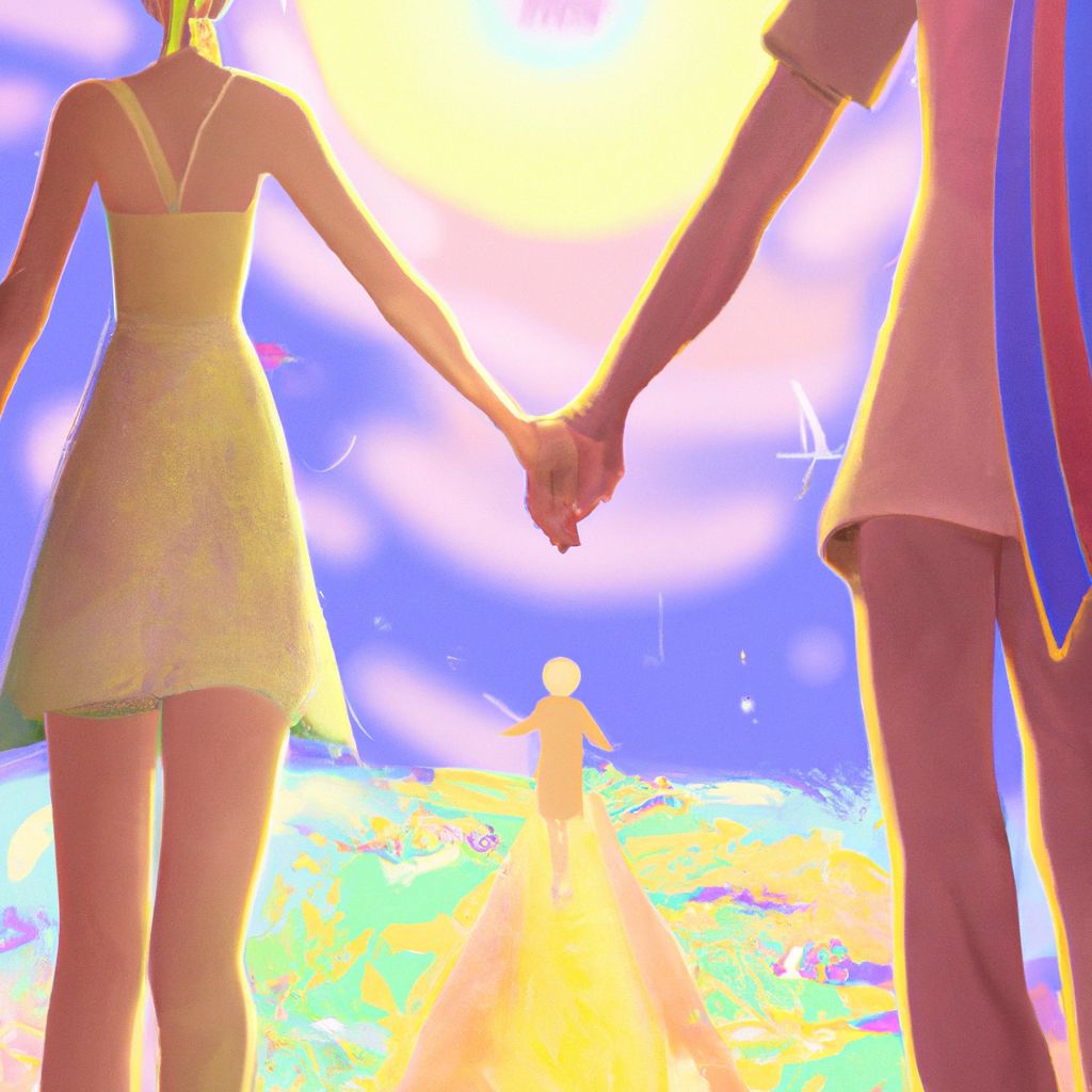 Digital art, Walking hand in hand on a sunny day, two friends explore the astral realm with childlike wonder, reveling in their freedom and connection, ultimately finding comfort, trust, and unexpected intimacy.