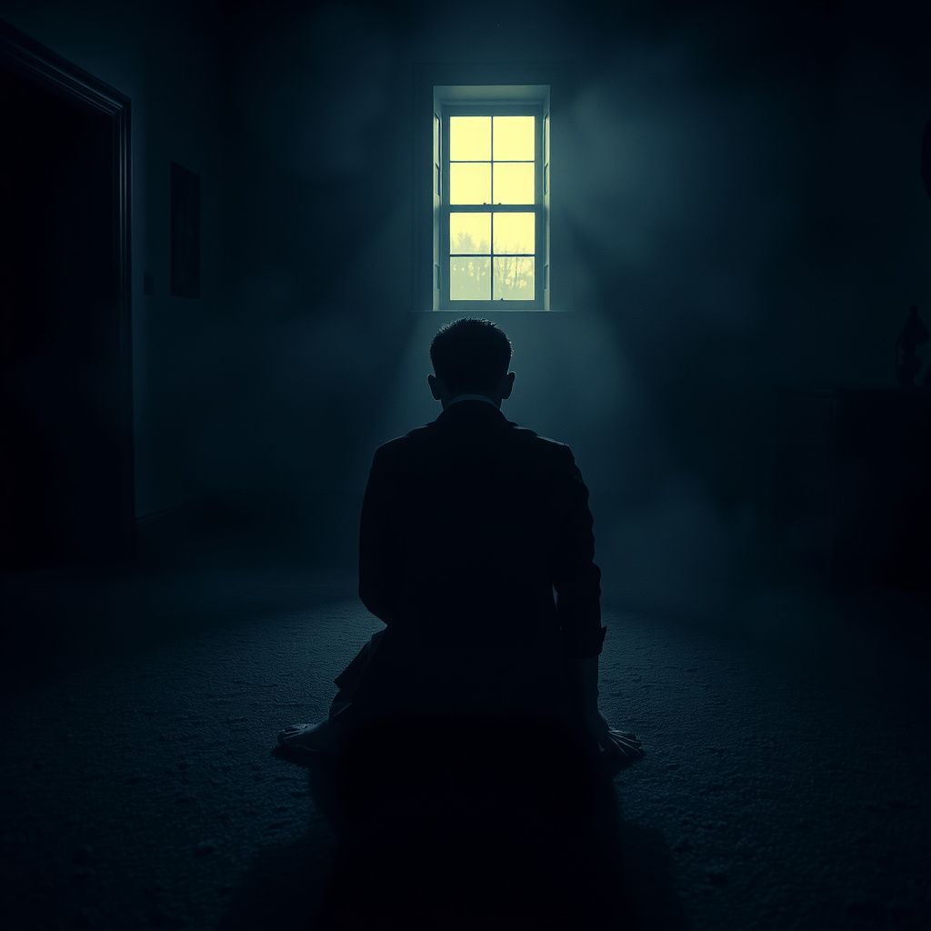 Surreal dream scene, cinematic and atmospheric, digital art: A solemn figure sitting alone in a dimly lit room, surrounded by shadows and symbols of inner struggle, embodying a deep sense of isolation and quiet despair with a faint glimmer of hope in the distance.