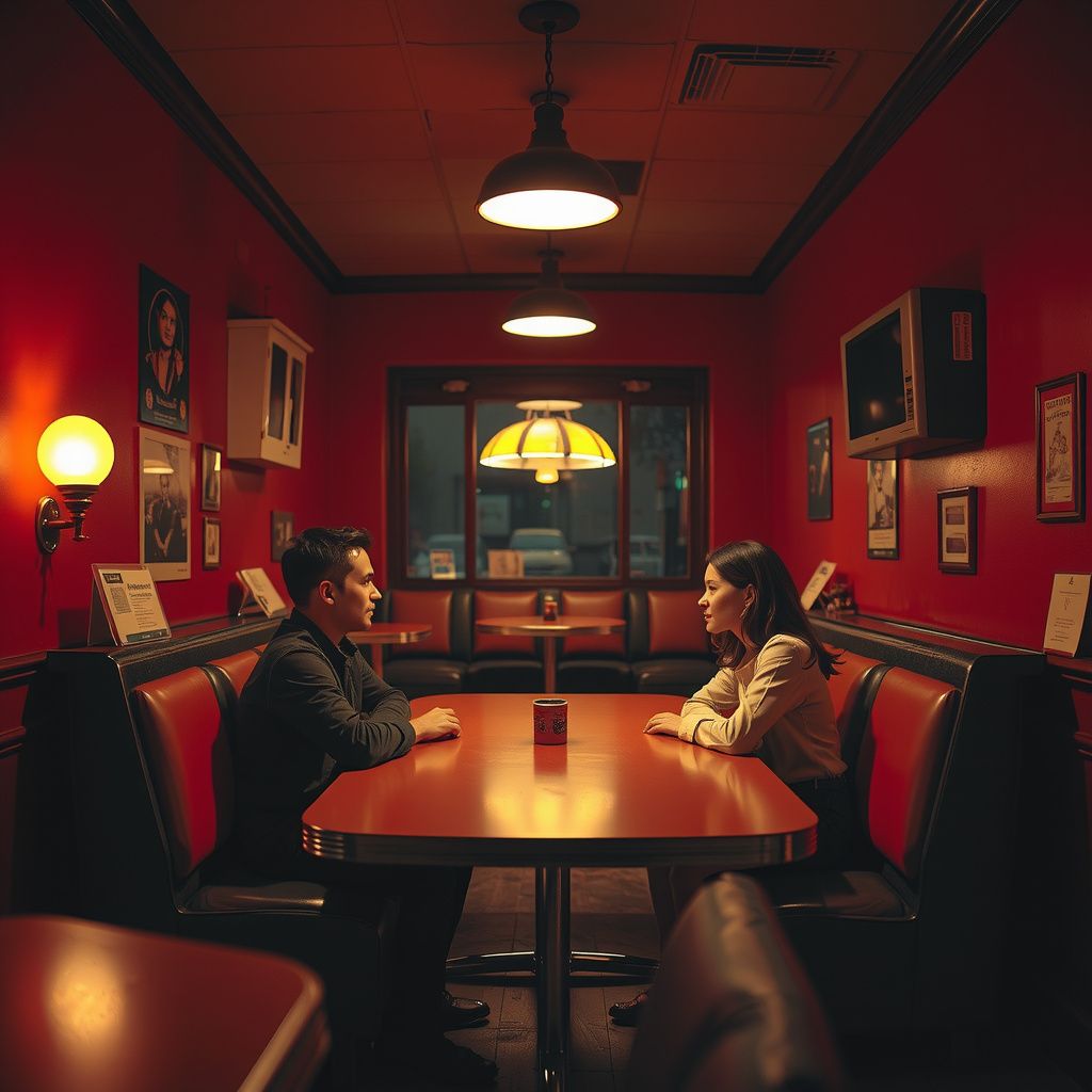 Surreal dream scene, cinematic and atmospheric, digital art: A nostalgic scene of two friends sitting opposite each other at a long red diner-style table tucked into a cozy cafeteria nook, surrounded by soft warm lighting and vintage decor, capturing a quiet moment of companionship and reflection.