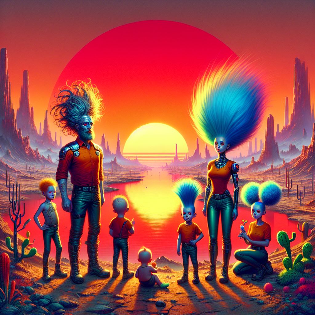 Digital art 4k scene from a movie: Dall-e: Generate an image of a colorful and futuristic landscape where the Simpsons family is living in a post-apocalyptic world with a huuuuge lake, surrounded by rocks and no plants, as the sun sets dramatically in the background.