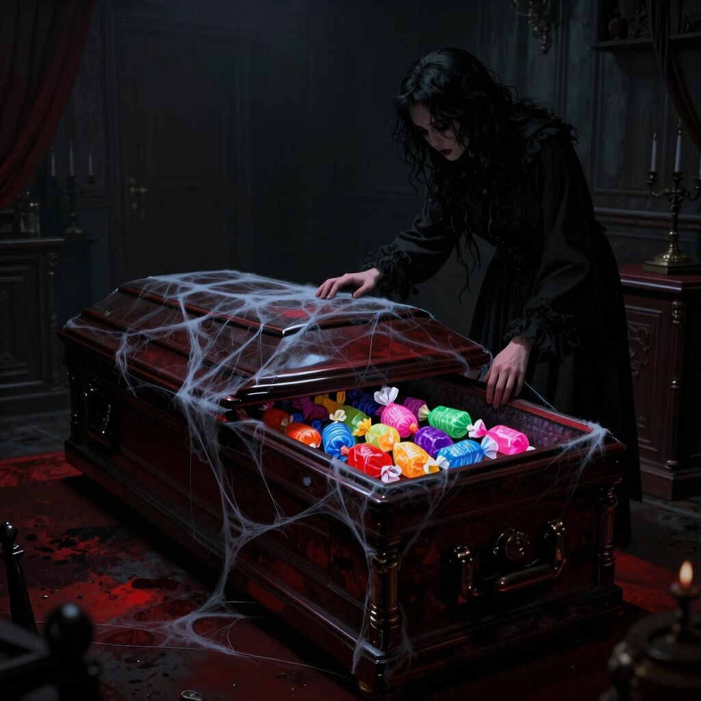 Dark gothic dream scene, moody shadows, dramatic chiaroscuro, ominous atmosphere, deep blacks with muted crimson, digital art: A person cautiously opens an old, spider-web-covered casket in a dimly lit funeral parlor, discovering a surprising collection of brightly colored wrapped taffy inside.
