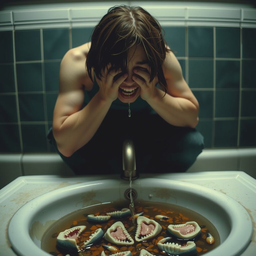 Surreal dream scene, cinematic and atmospheric, digital art: A terrified person sits hunched over a bathroom sink filled with countless small, sharp teeth, tears streaming down their face as new pointed teeth repeatedly grow from their gums in a surreal and unsettling dreamlike scene.