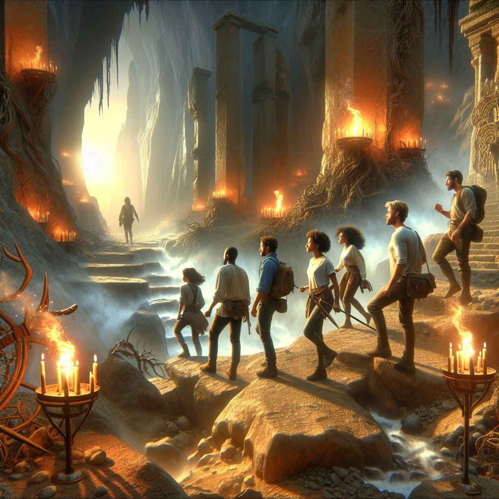 Digital art 4k scene from a movie: Exploring the mystical castle ruins, a group of friends stumbled upon an ancient temple hidden deep within the labyrinthine caves, adorned with lit torches and treasures waiting to be discovered.