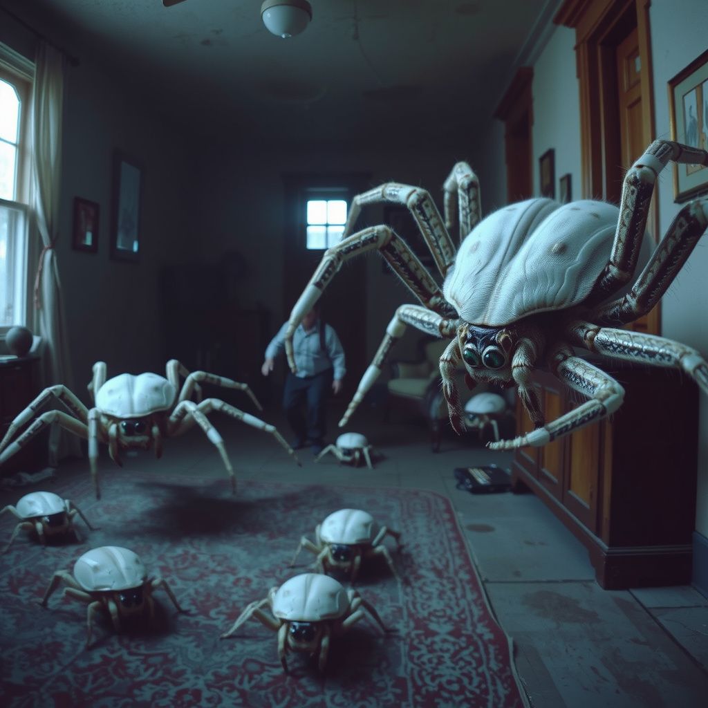 Surreal dream scene, cinematic and atmospheric, digital art: A chaotic indoor scene where a person nervously tries to avoid several enormous, fast-moving adult spiders with white furred abdomens and bright green-blue eyes, as the spiders track and leap at them relentlessly in a dimly lit old house.