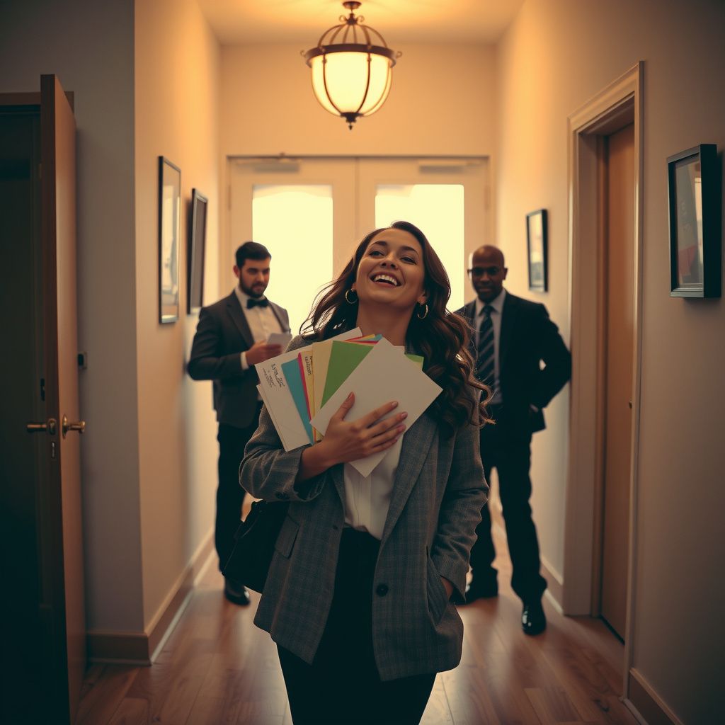 Surreal dream scene, cinematic and atmospheric, digital art: A joyful woman walks through a bright apartment lobby, holding a stack of colorful envelopes with writing payments, her expression filled with happy surprise as she heads toward her door, while a mild-mannered man and a suspicious figure stand nearby.