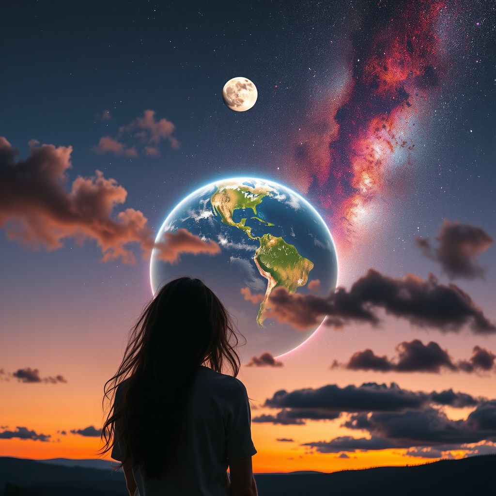 Surreal dream scene, cinematic and atmospheric, digital art: A woman with long brown hair stands beneath a dusk sky where a small full moon flickers behind windy clouds above a massive, Earth-like planet glowing vividly, while a vibrant, multicolored light show of constellations and astrological signs dances across the night sky, filling her with awe and wonder.