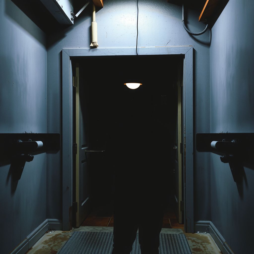 Surreal dream scene, cinematic and atmospheric, digital art: A person cautiously opens a mysterious grey industrial door leading to a dark, eerie kitchen space where a shadowy figure begins to chase them.