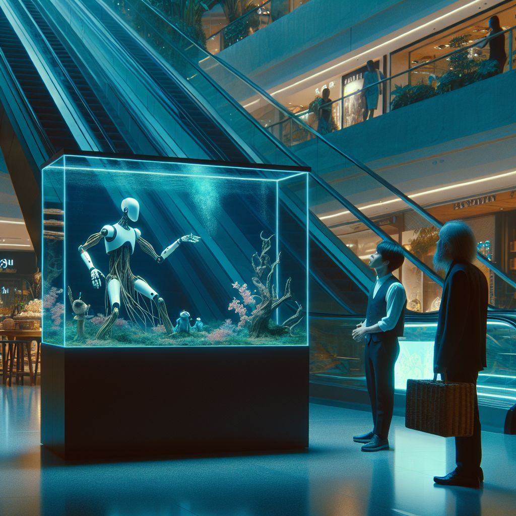 Surreal dream scene, cinematic and atmospheric, digital art: A curious puppet moving autonomously inside a fish tank at a mall, observed by a man and an older gentleman in front of escalators, with a surreal and dreamlike atmosphere.