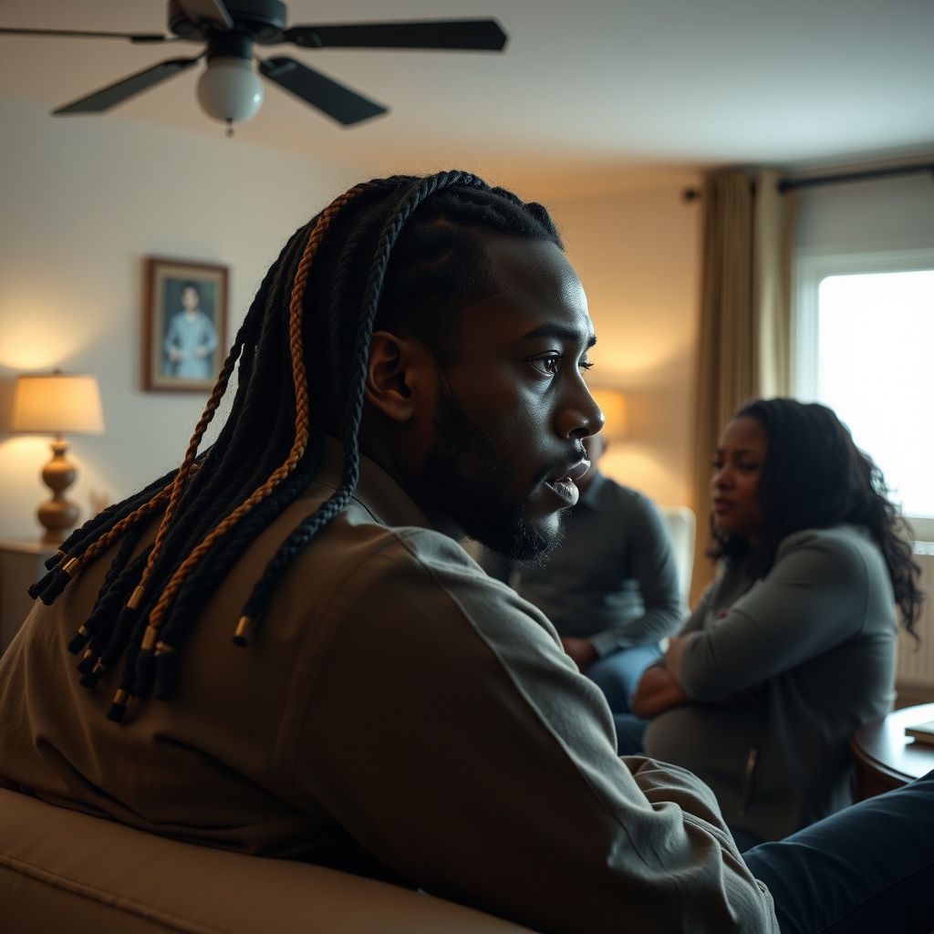 Surreal dream scene, cinematic and atmospheric, digital art: A tense and emotional family confrontation unfolds in a modern living room, focusing on a black man with long braids caught in a difficult situation involving his past and present relationships, depicted with subtle expressions and a dramatic atmosphere.