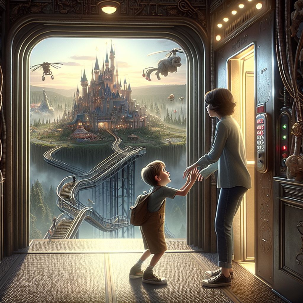 Digital art 4k scene from a movie: Reese saw his mom lose her legs in the elevator at Disneyworld, and as she miraculously stood with her legs intact once again, he pleaded to stay and explore the park despite her urge to leave.