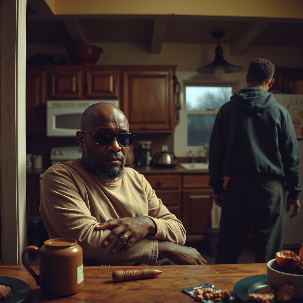 Surreal dream scene, cinematic and atmospheric, digital art: A tense, emotional scene inside a modest kitchen where a bald Black man with a thick beard sits with a sad young Black woman revealing a painful family secret, while another Black man stands nearby looking suspicious, all in a small-town home atmosphere.