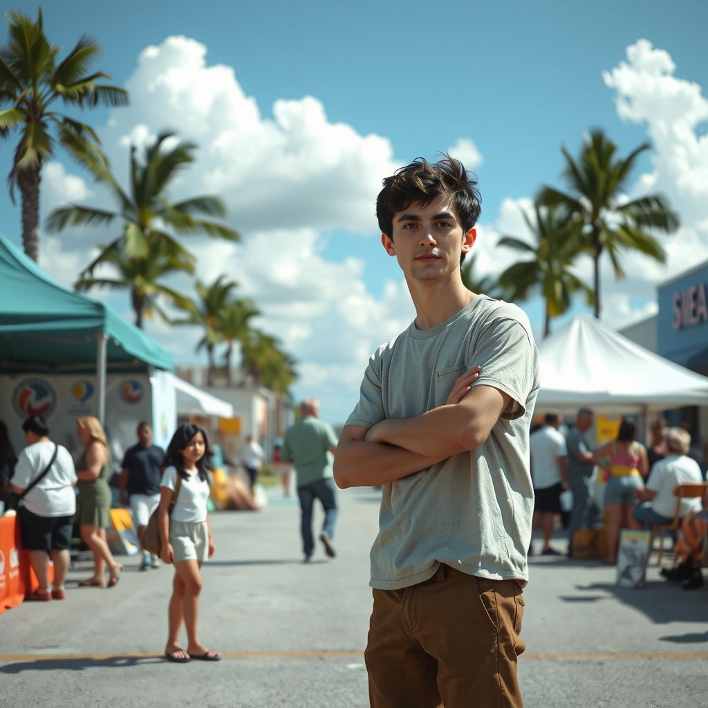 Surreal dream scene, cinematic and atmospheric, digital art: A young adult in casual warm-weather clothes stands hesitantly at a bustling outdoor job fair in Florida, surrounded by colorful booths and diverse people, while a concerned middle-aged woman nearby gestures encouragingly, capturing a hopeful yet tense family moment under a bright sunny sky.