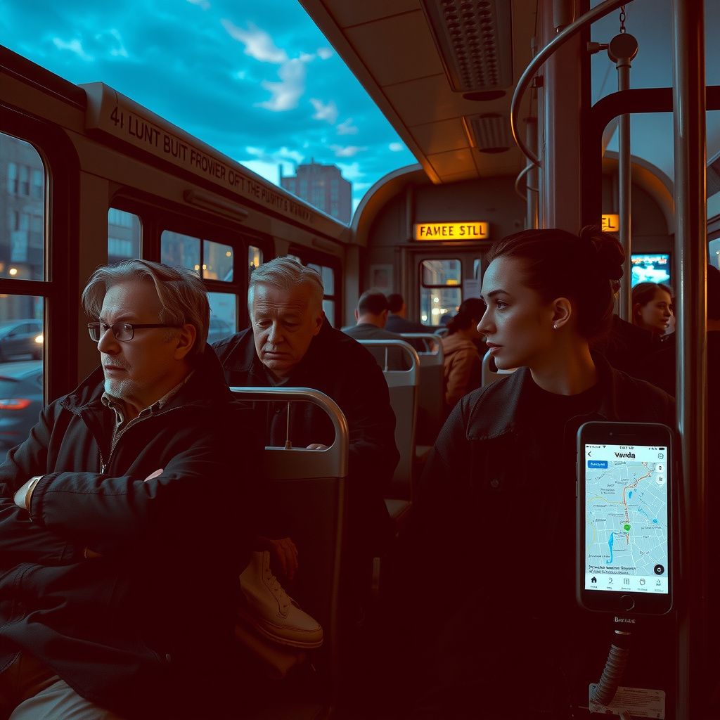 Surreal dream scene, cinematic and atmospheric, digital art: A contemplative middle-aged person riding a crowded Bronx bus at dusk with their father and a quiet woman named Vanda, both appearing calm yet distant, while the cityscape and a smartphone map glow softly in the background.