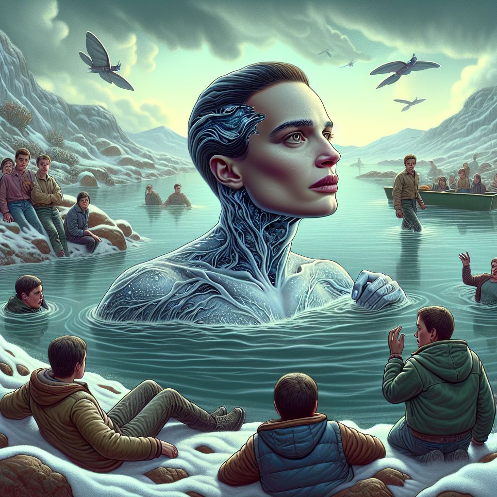 Digital art 4k scene from a movie: Generate an image of a woman who has transformed into a man, complete with facial hair and a deep voice, resembling a deceased family member, swimming in dark water to reach her home where she keeps fish that swim in the air and are labeled as 'landfish', surrounded by a group of rude teenagers accusing her of losing a mysterious mobile device on a snowy mountain slope.