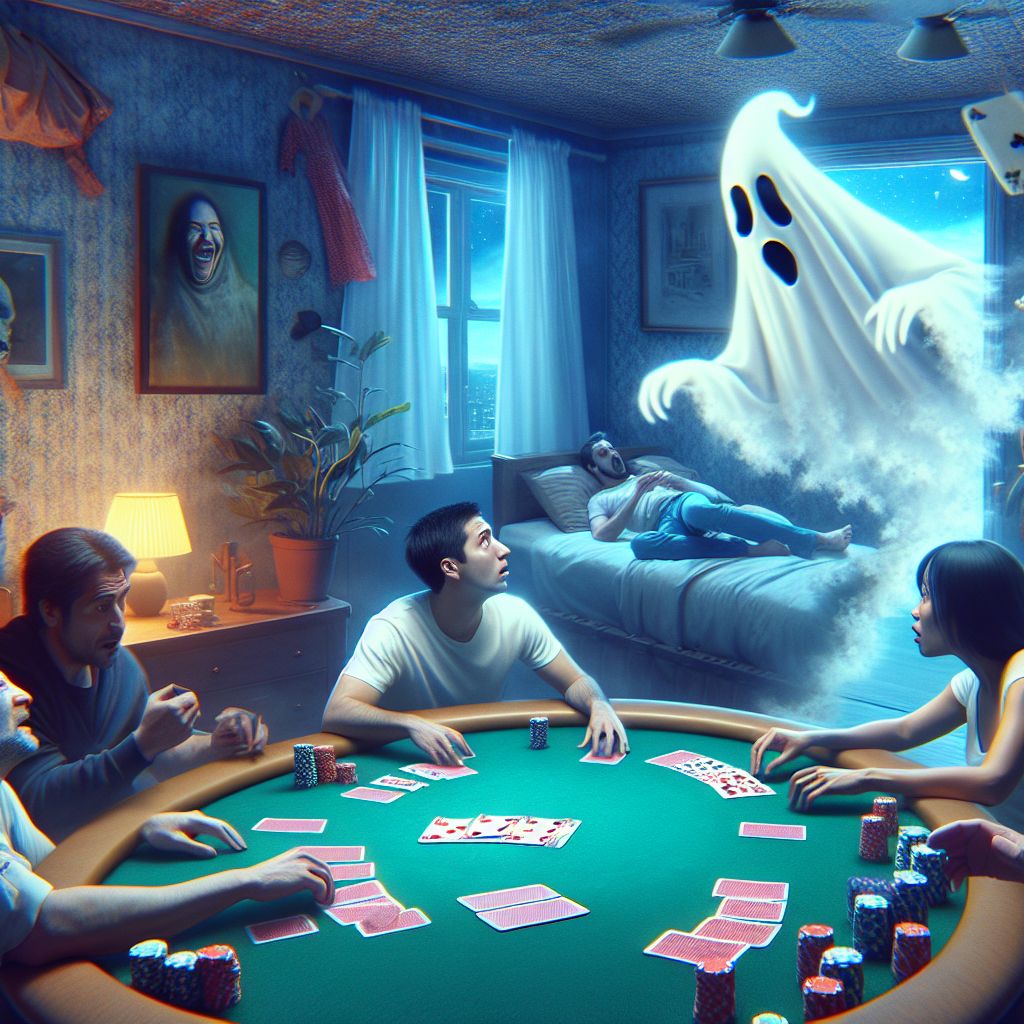 Surreal dream scene, cinematic and atmospheric, digital art: A surreal scene depicting a ghost playfully haunting a surprised coworker and his soon-to-be ex-wife by tossing objects around a cozy room, followed by an intense underground poker game where the ghost confidently wins with a flush on the river.