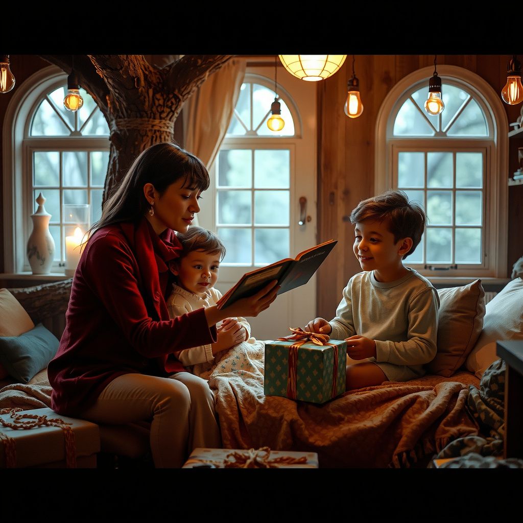 Surreal dream scene, cinematic and atmospheric, digital art: A peaceful family scene showing a mother wrapping gifts with her young daughter while her son reads aloud from a book in his cozy treehouse bed, surrounded by warm, soft lighting and a whimsical, dreamy atmosphere.
