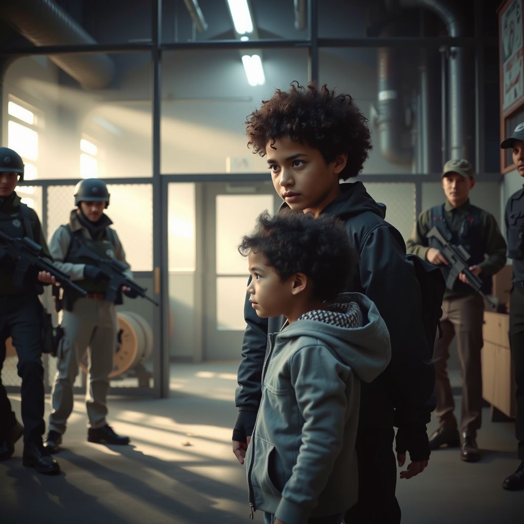 Surreal dream scene, cinematic and atmospheric, digital art: A protective young guardian watches over a special child with a curly afro and a grey jacket with horizontal ridges inside a secured, industrial factory setting guarded by armed figures, both planning their escape under tense, hopeful circumstances.