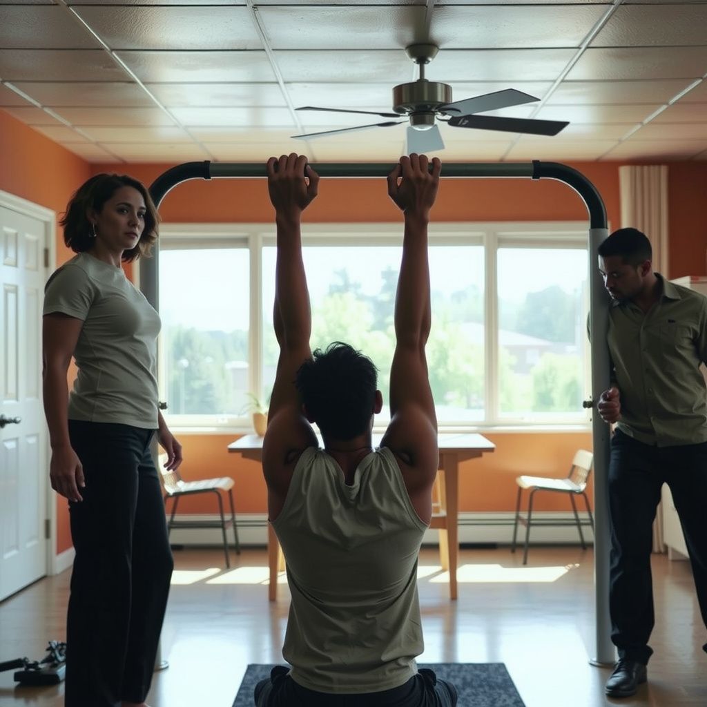 Surreal dream scene, cinematic and atmospheric, digital art: A person struggling to do pull-ups with poor form while their mom and brother watch nearby, the brother animatedly demonstrating the correct technique in a bright, casual home gym setting.