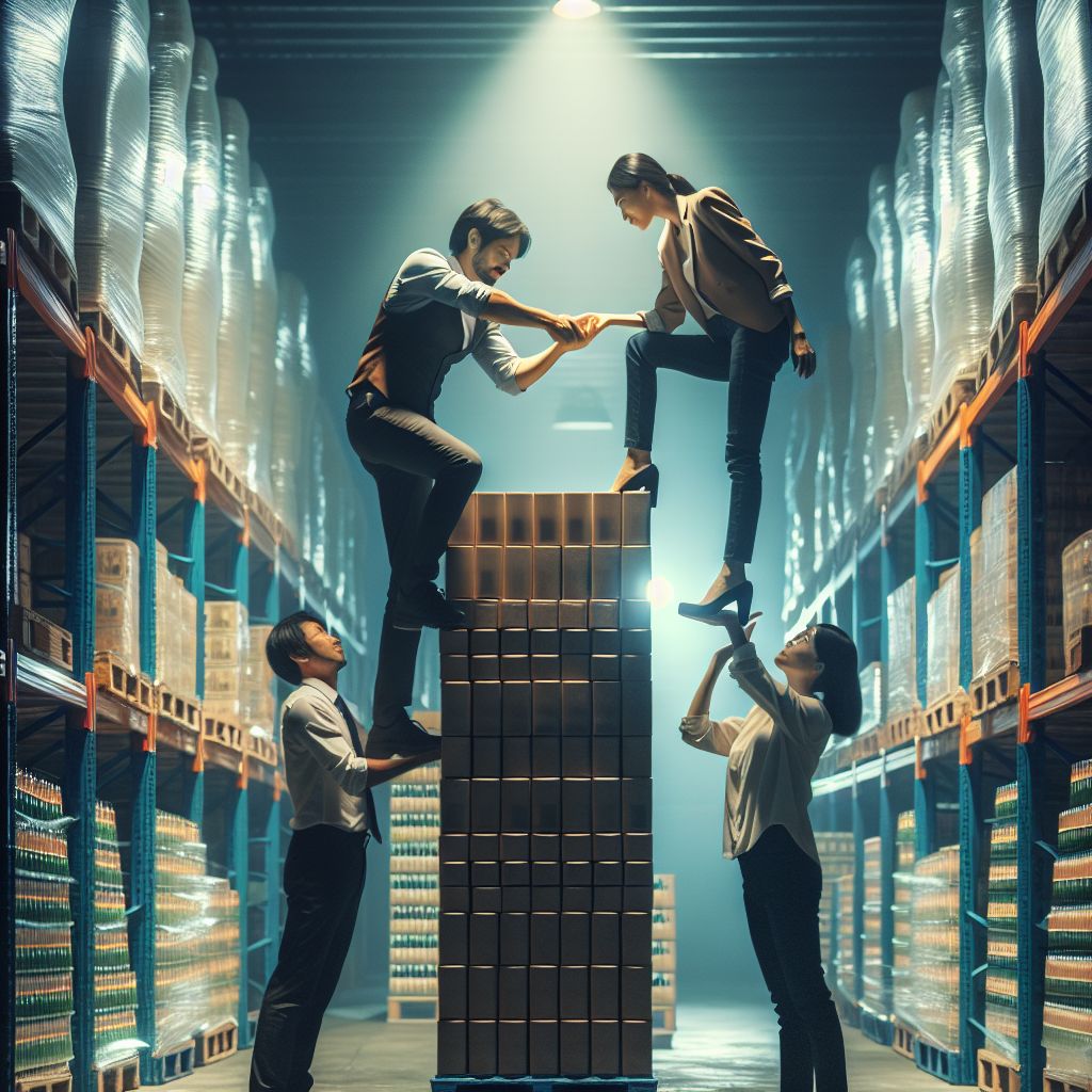Surreal dream scene, cinematic and atmospheric, digital art: A man and his manager working together to carefully downstack a tall pallet filled with shampoo bottles in a bright warehouse setting, both reaching up and climbing to access the top.