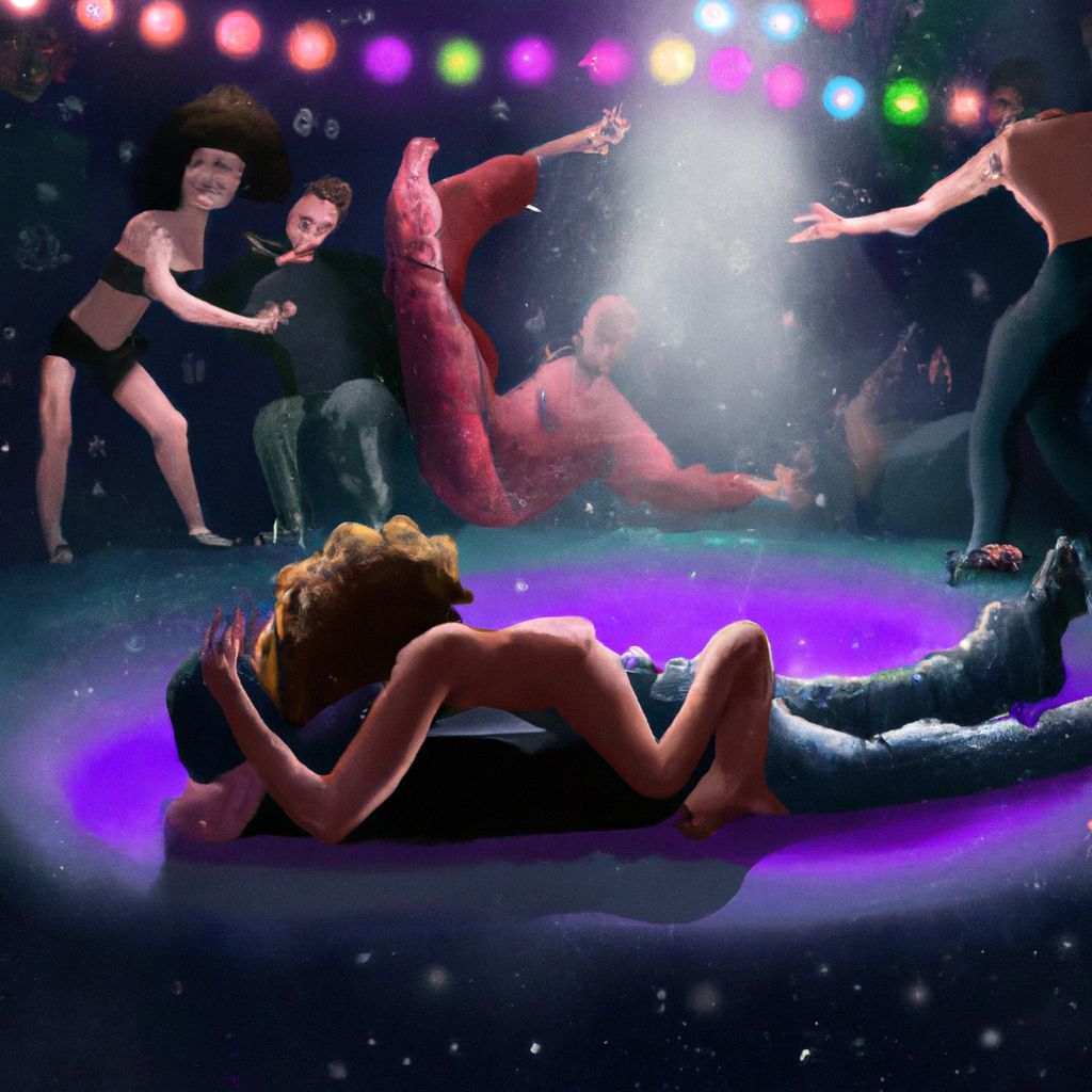 Digital art, Generate an image of a person laying on the ground with their crush sexually dancing above them in a dark club-like setting, while family members watch from the sidelines.