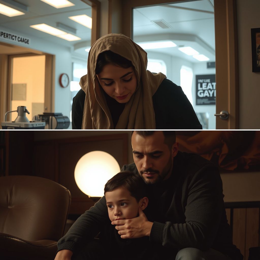 Surreal dream scene, cinematic and atmospheric, digital art: A warm, comforting scene inside a futuristic research facility where a middle-aged Middle Eastern woman peacefully rests her head on a younger person's shoulder, while in another frame, a thoughtful father shares gentle advice about communication to his child in a calm home setting.
